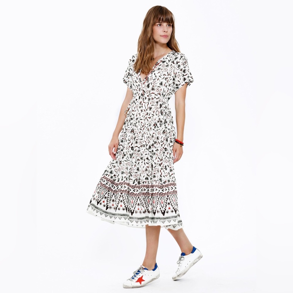 Xirena Blayke Midi Dress Printed Short Sleeve A-Line Lightweight White Size M